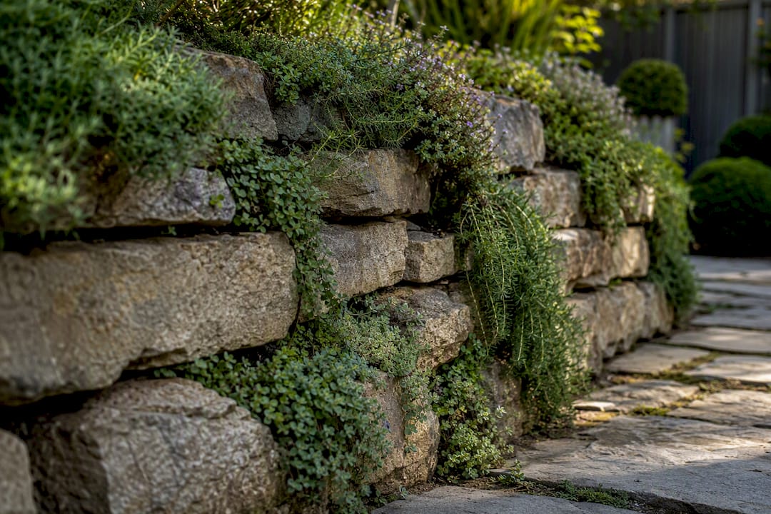 Dry-stacked stone wall with trailing plants