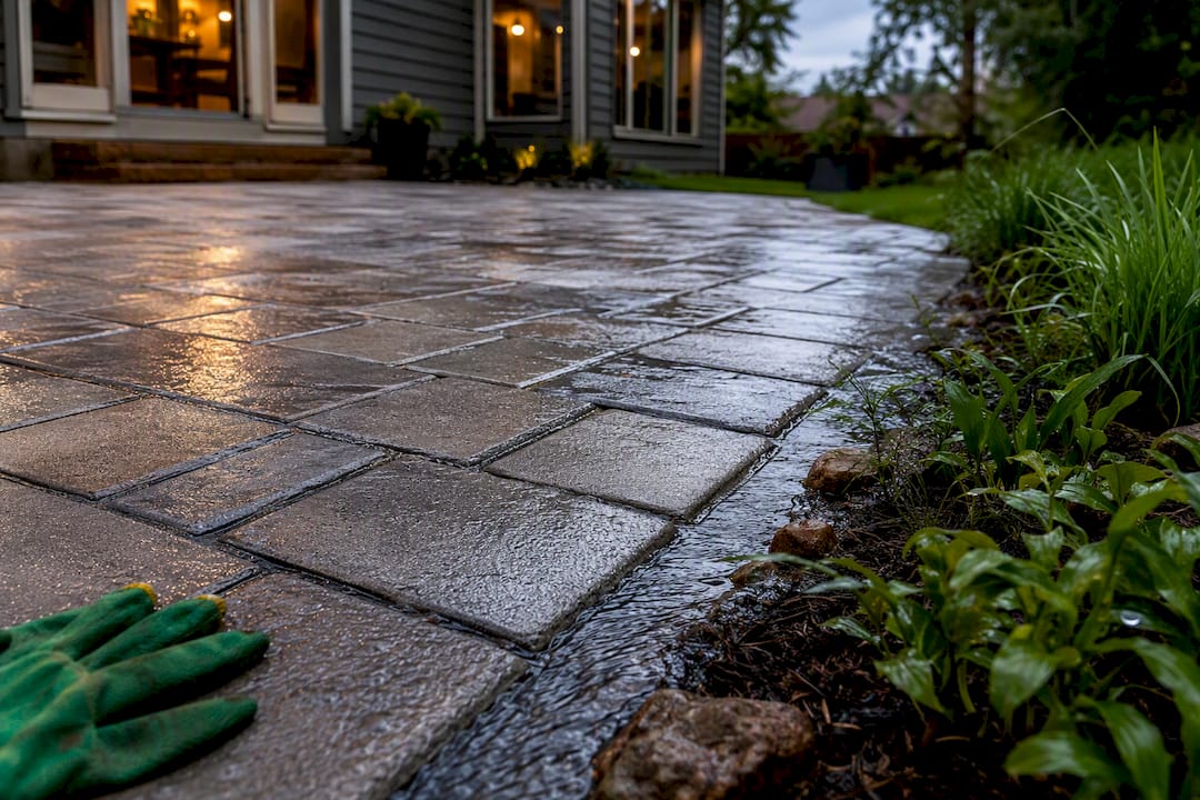 Permeable paver patio draining toward planted edge