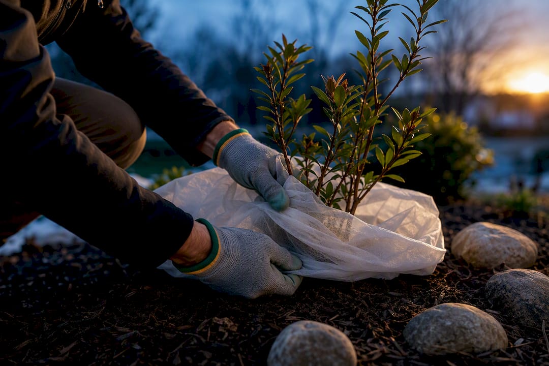 Frost cloth protecting a newly planted shrub