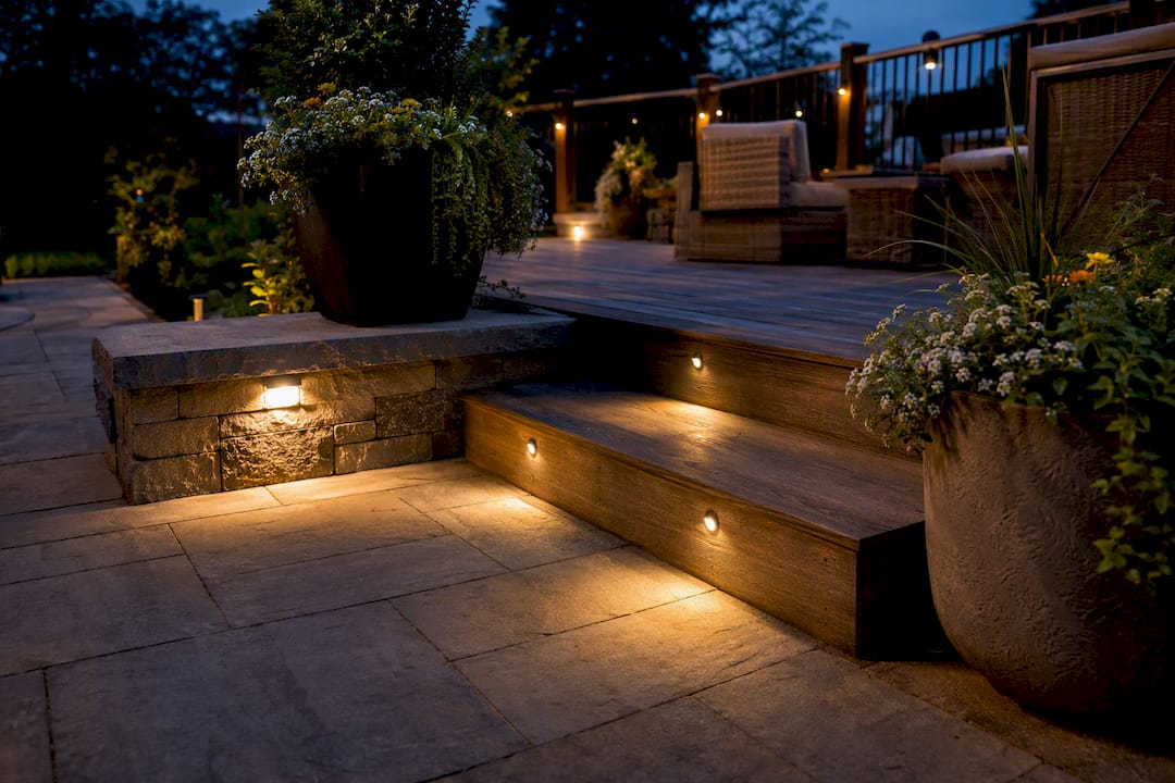 Landscape lights connecting deck and patio
