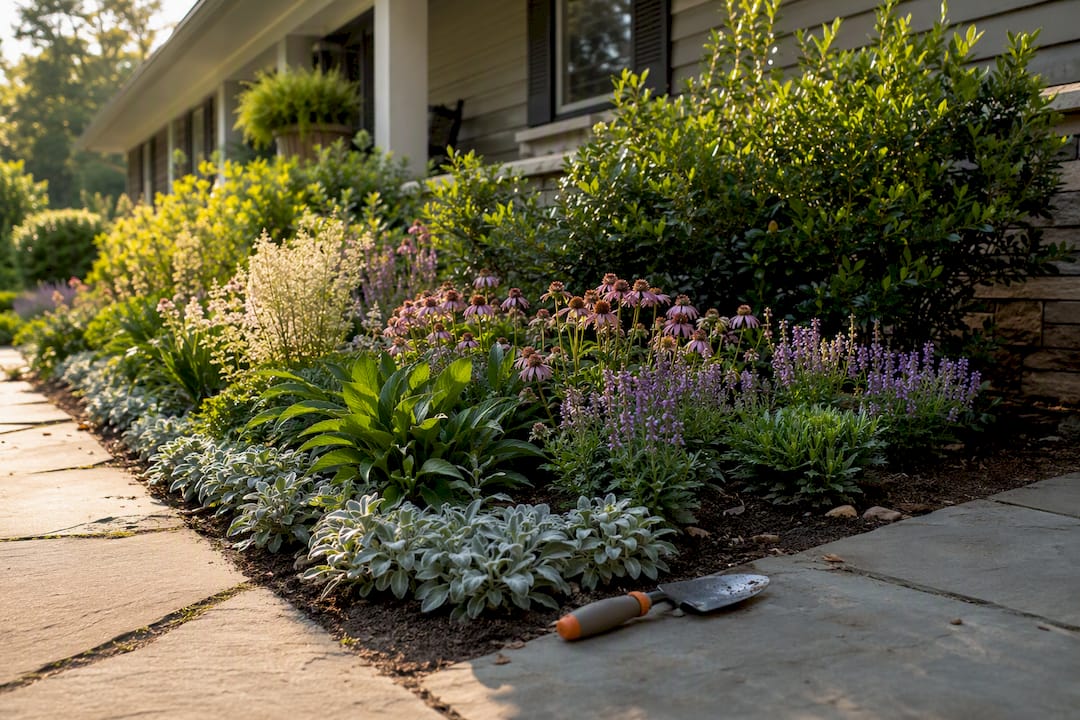Layered plants beside a ranch home