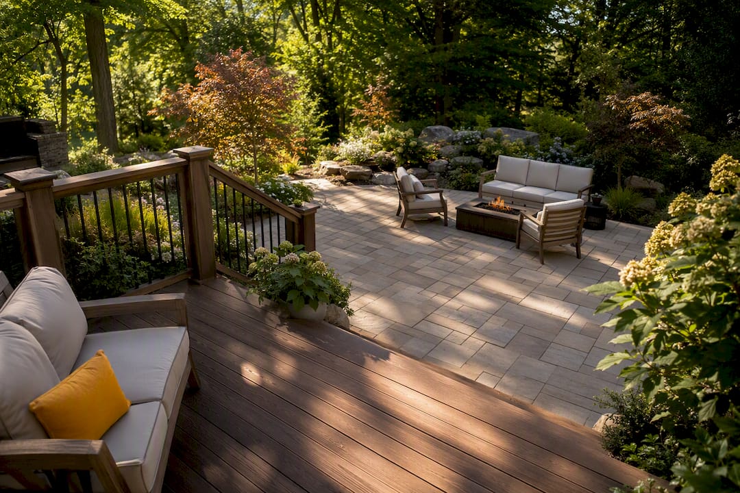 Deck descending to a finished backyard patio