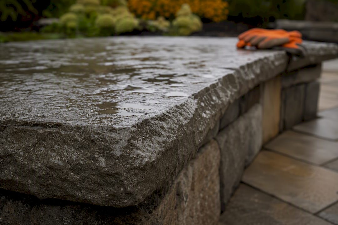 Wet stone cap on residential seat wall