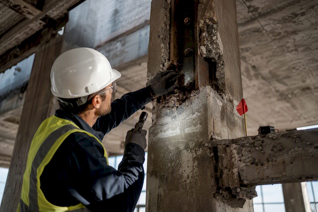 Surveyor inspecting exposed industrial structure