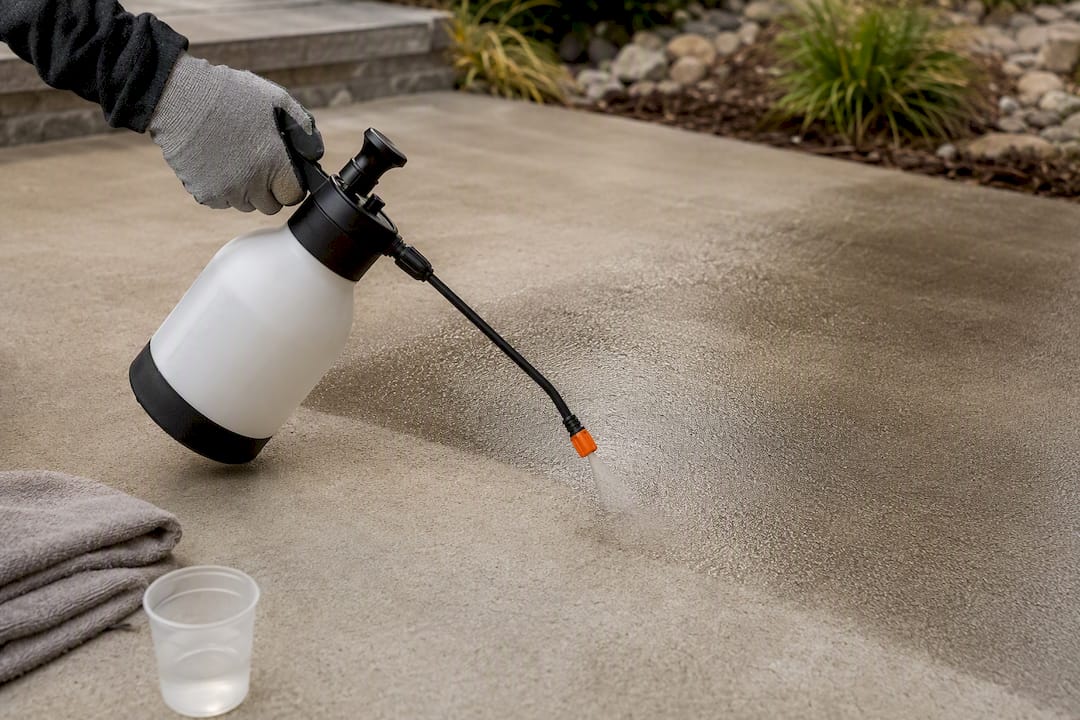 Contractor applying sealer to concrete patio