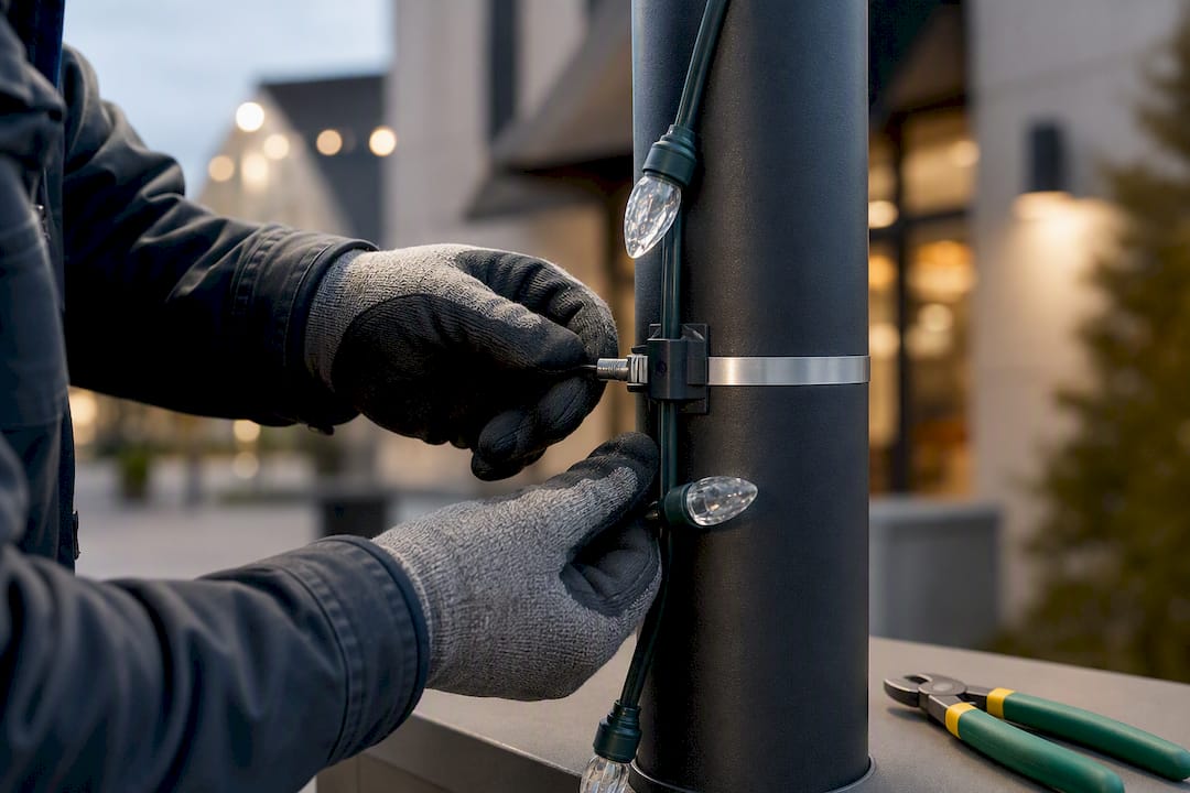 Installer securing commercial light line with banding