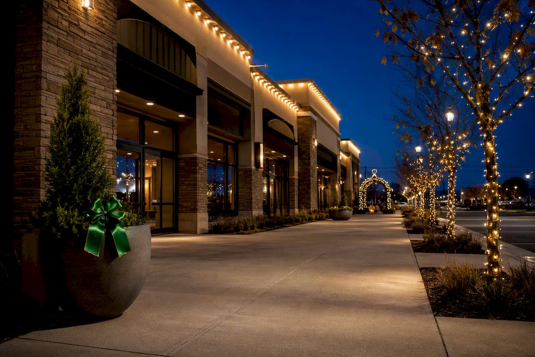 Commercial plaza with illuminated roofline and arch
