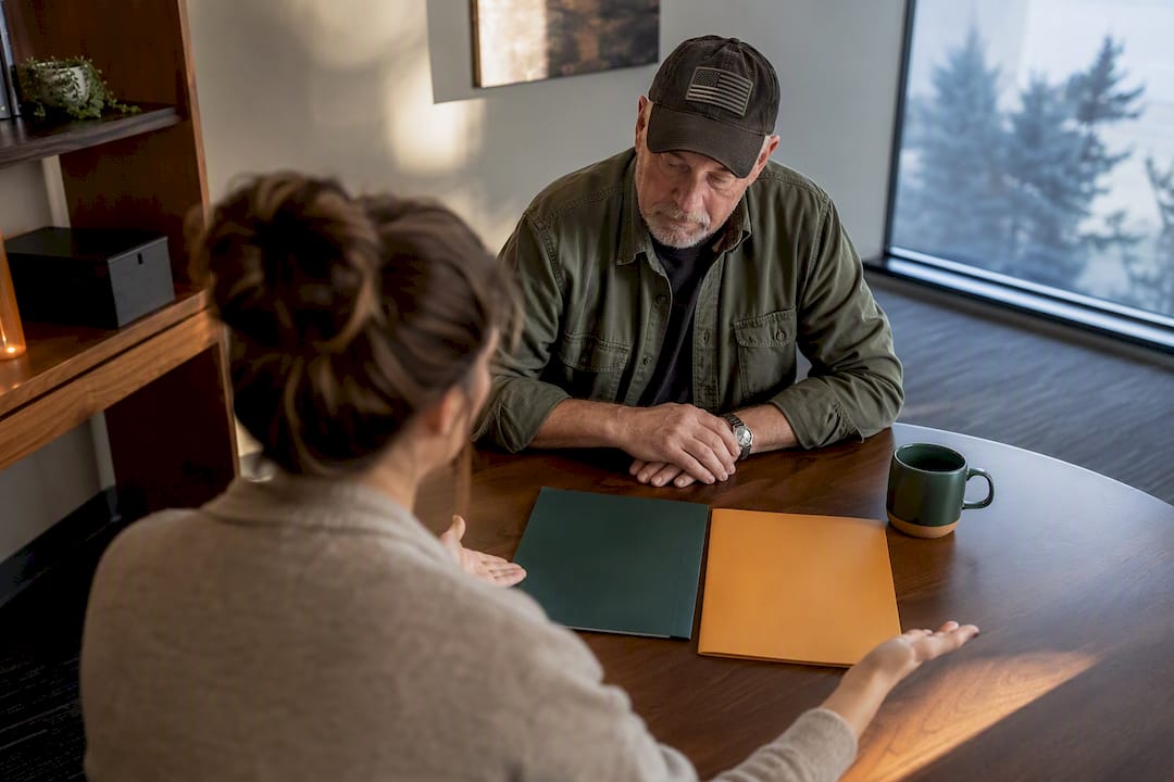 Veteran reviewing health benefits with counselor