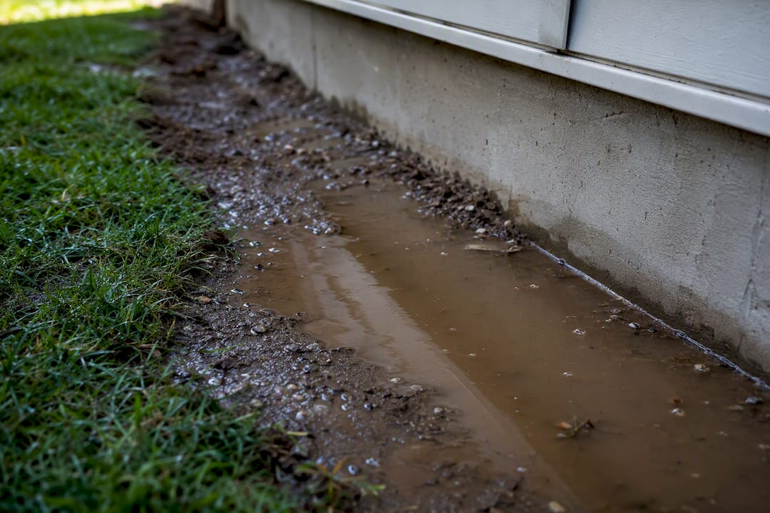 Rainwater pooling beside residential foundation