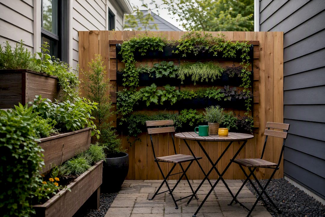 Vertical garden and tiered planters in small yard