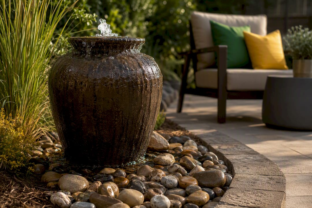 Bubbling urn fountain beside backyard patio