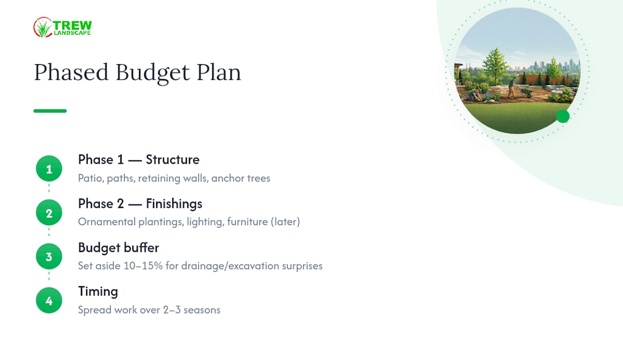 Phased backyard renovation budget diagram