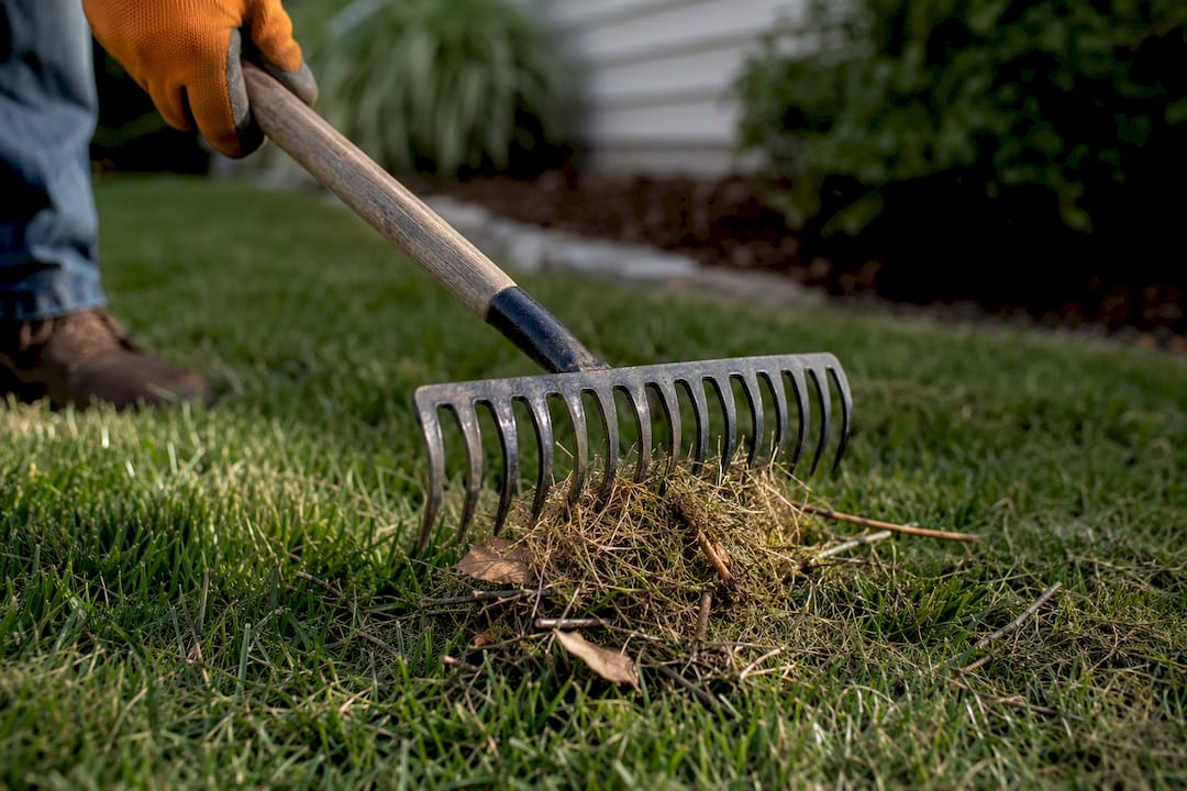 Rake clearing thatch from lawn surface