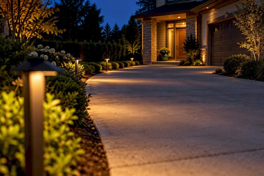 Spaced driveway lights guiding a residential approach