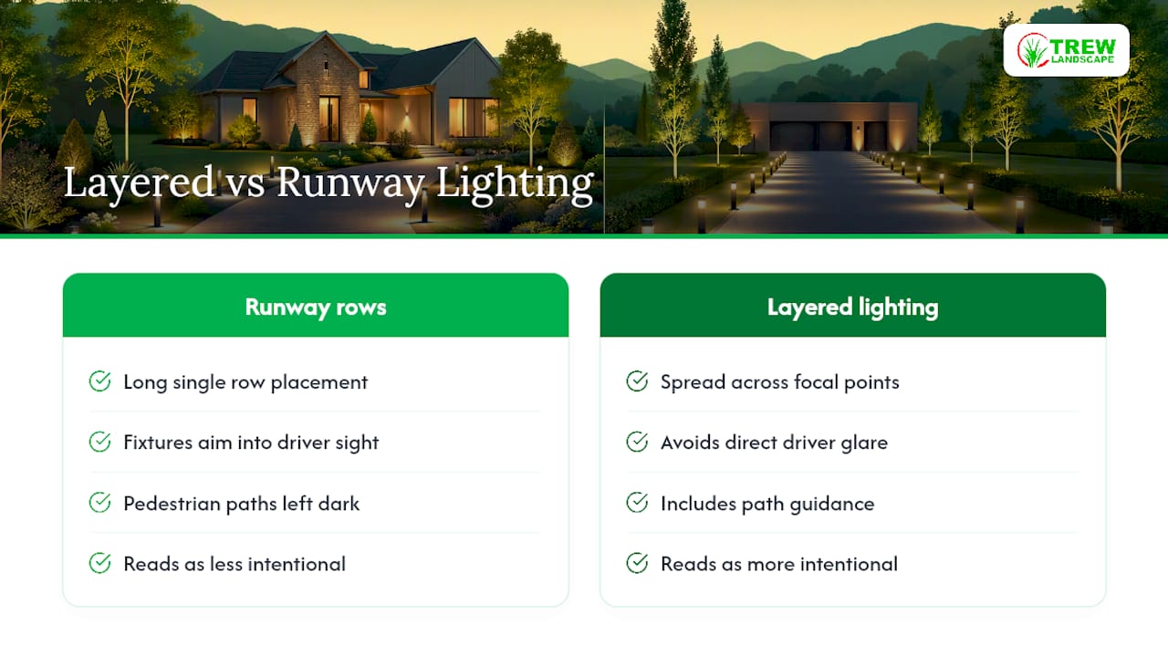 Layered driveway lighting with spaced illumination