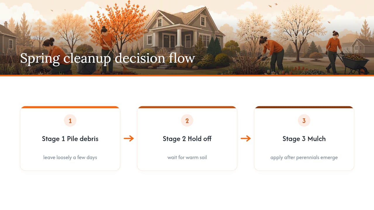 Spring debris holding and mulch timing flow