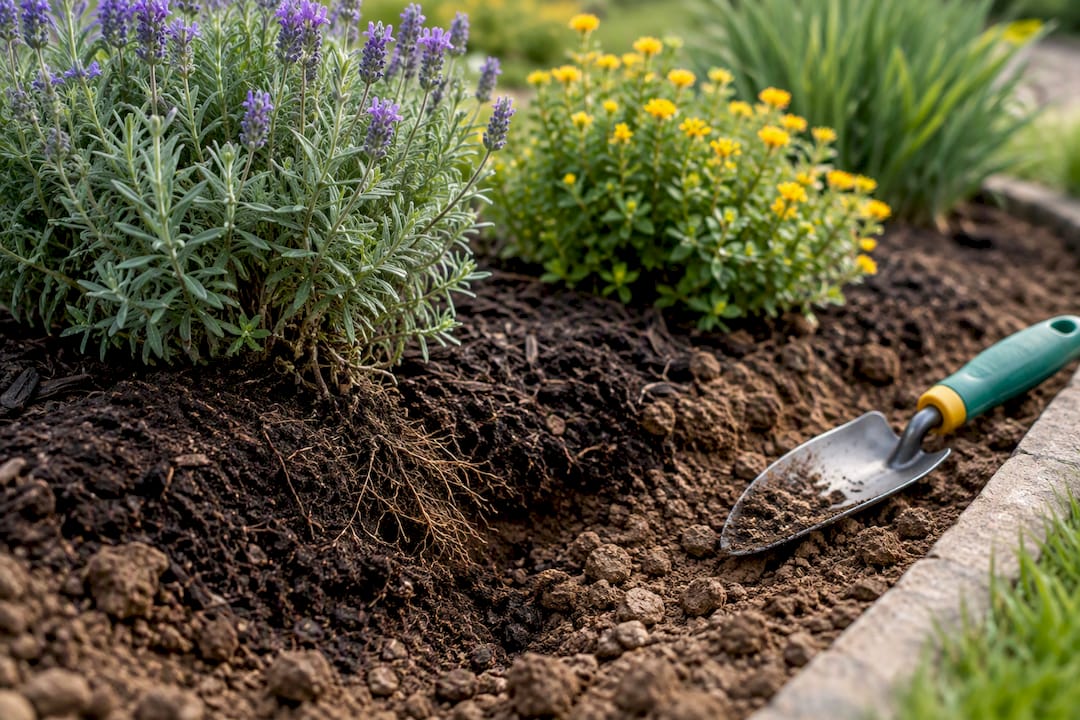 Organic matter mixed through dense clay soil
