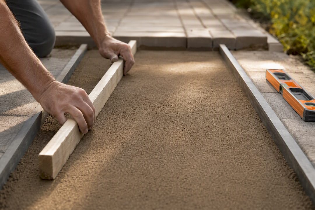 Screed board leveling paver bedding sand