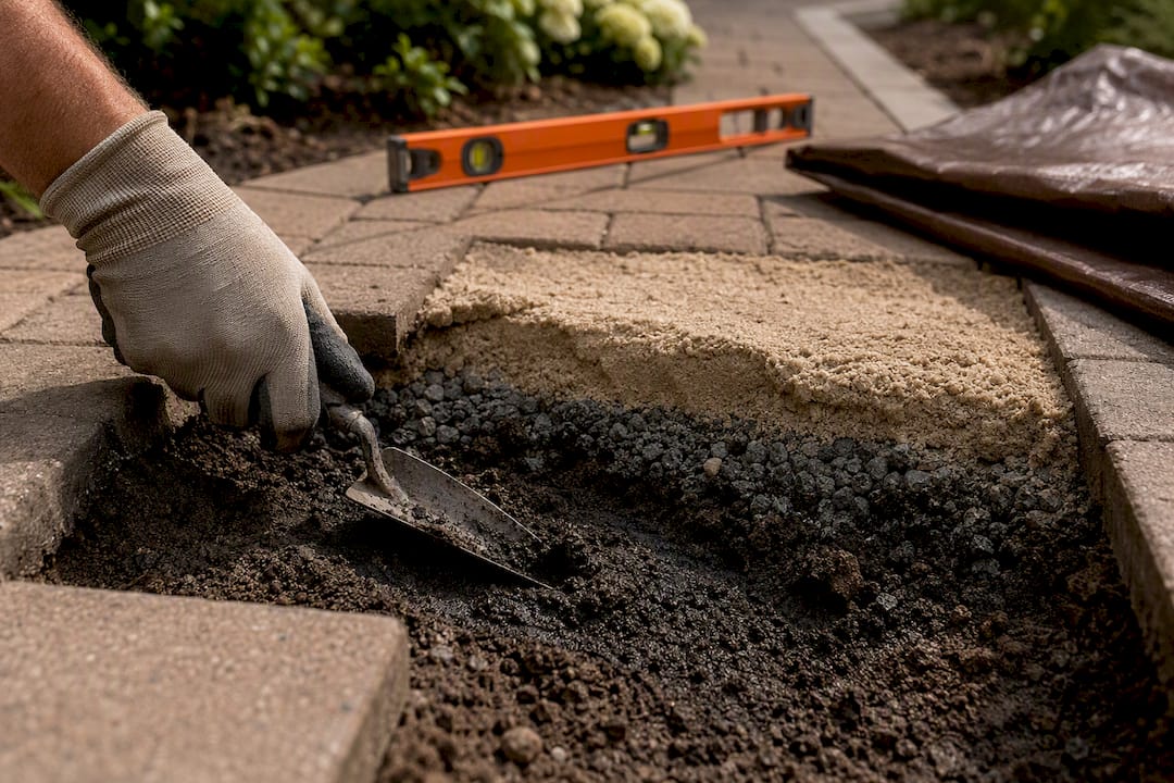 Inspecting saturated soil beneath pavers