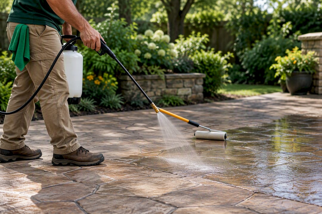 Applying sealer to stamped concrete patio