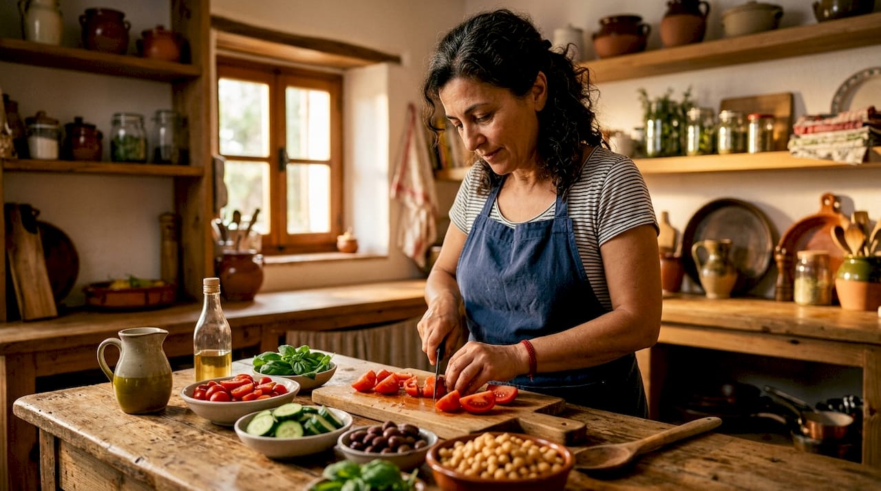 Woman preparing Mediterranean salad in kitchen