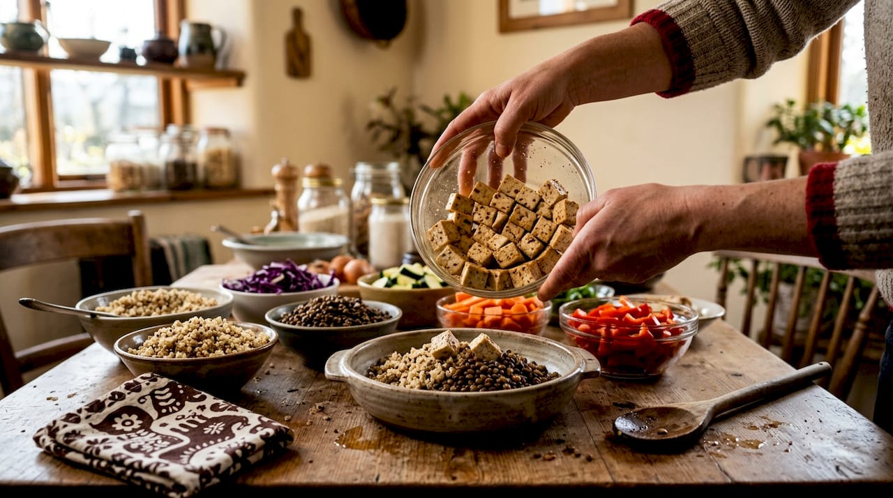 Hands preparing vegetarian meal prep containers