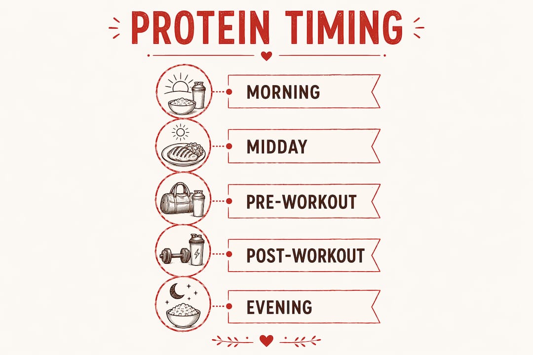 Infographic illustrating protein meal timing through the day
