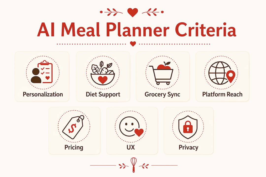 Infographic showing key criteria for evaluating AI meal planner apps
