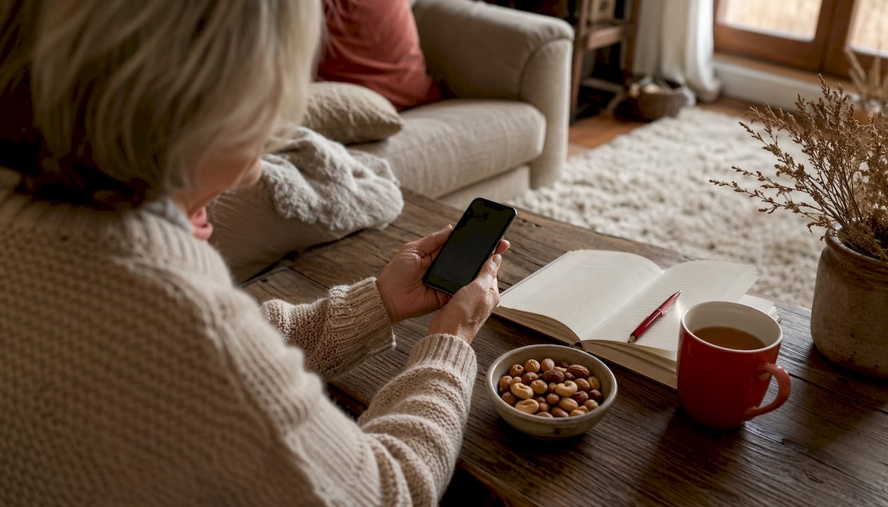 Hands holding smartphone next to diet journal and glass