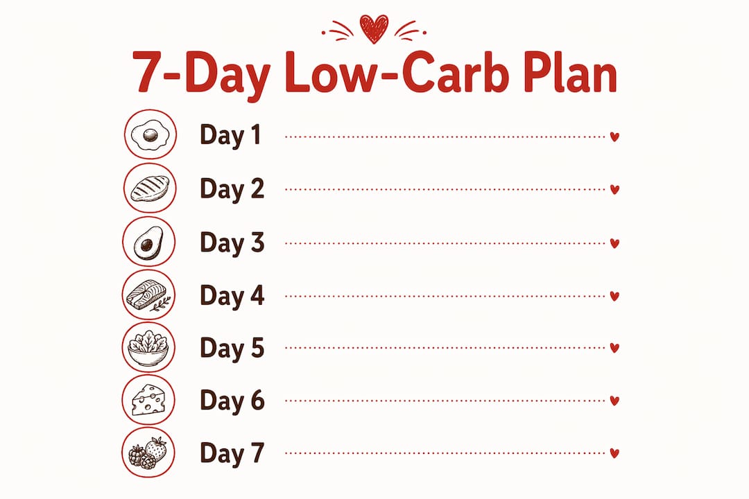 Infographic showing 7-day low carb meal plan steps