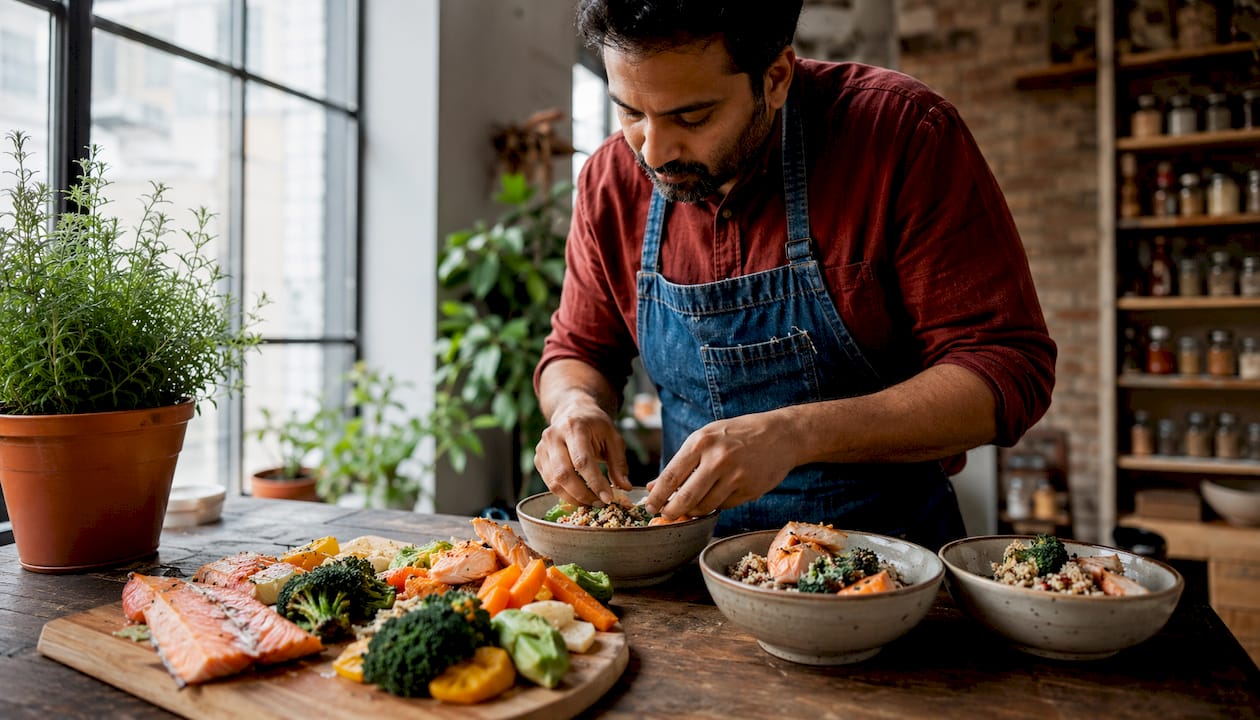Man packing meal prep containers with cooked ingredients