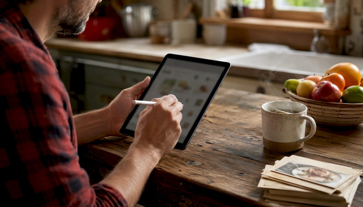 Hands using tablet for AI meal planning