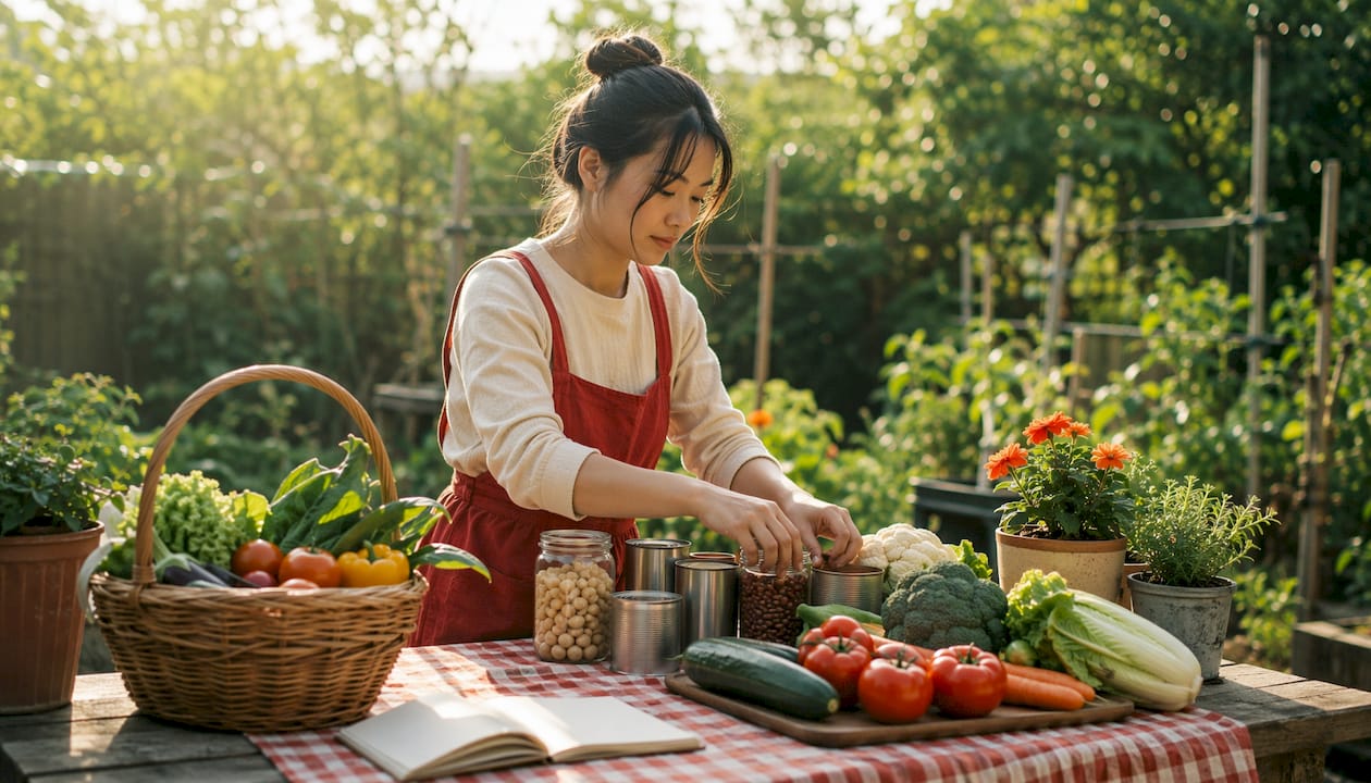 Woman preparing vegan meal plan with ingredients