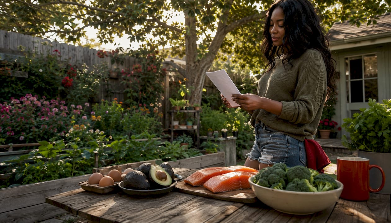 Woman checking keto grocery list in kitchen