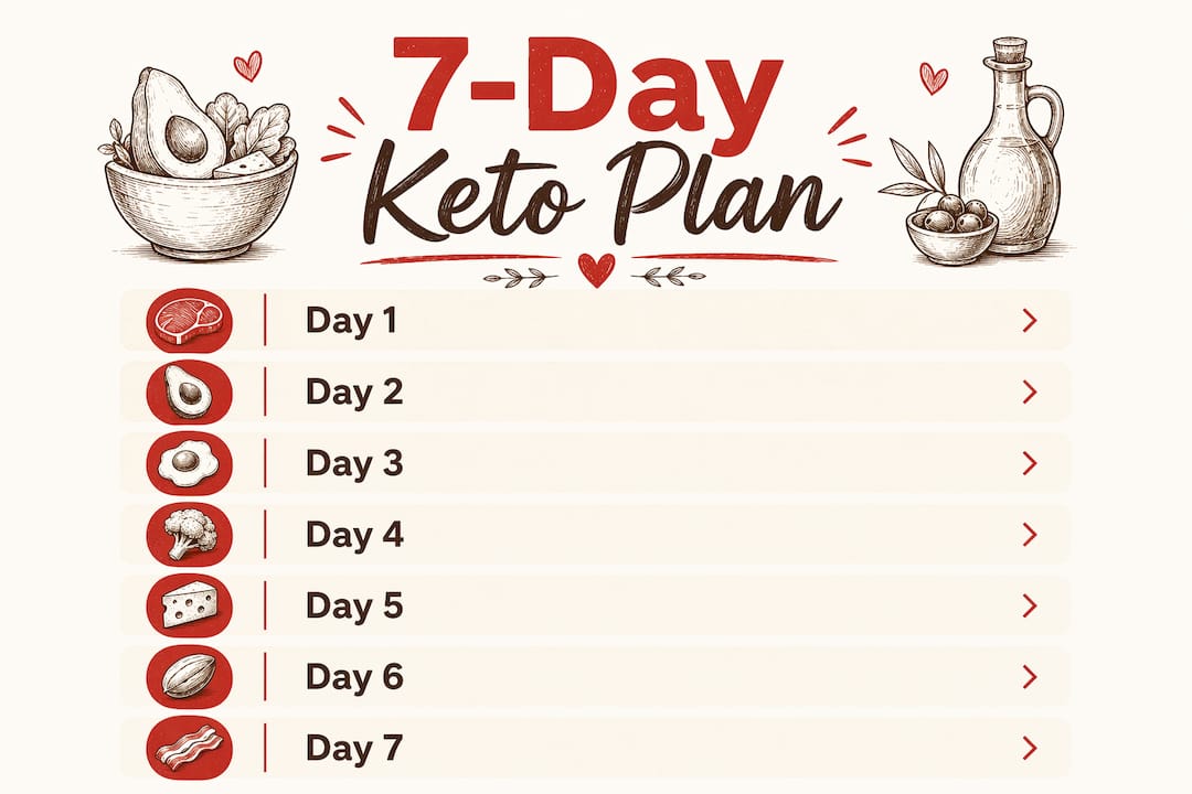 Infographic showing 7-day keto meal plan steps