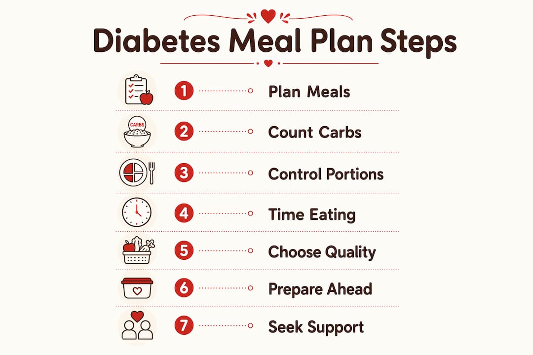 Infographic illustrating key diabetes meal plan steps