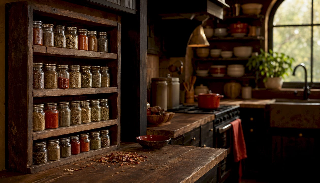 Close-up of smoked paprika and spice rack