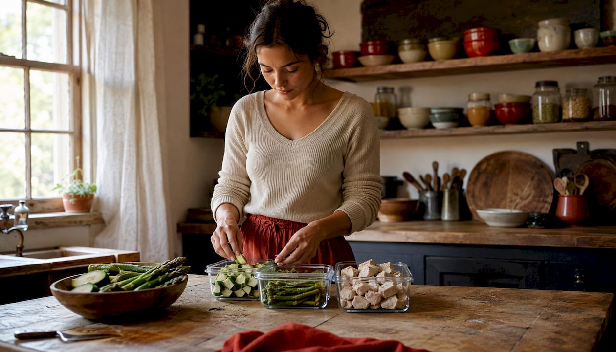 Person preparing low FODMAP meal prep containers in kitchen