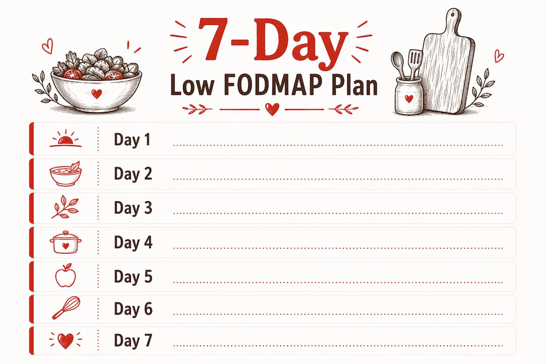 Infographic showing 7-day low FODMAP meal plan steps