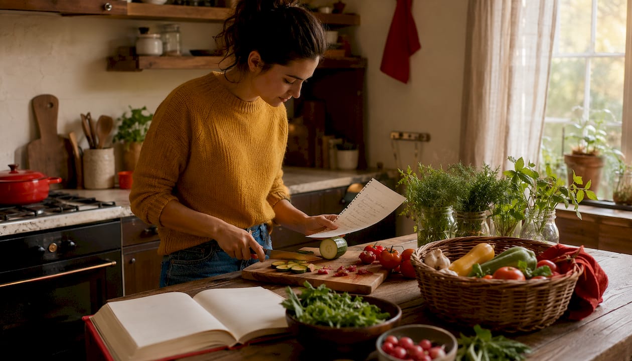 Woman preparing personalized meal in home kitchen