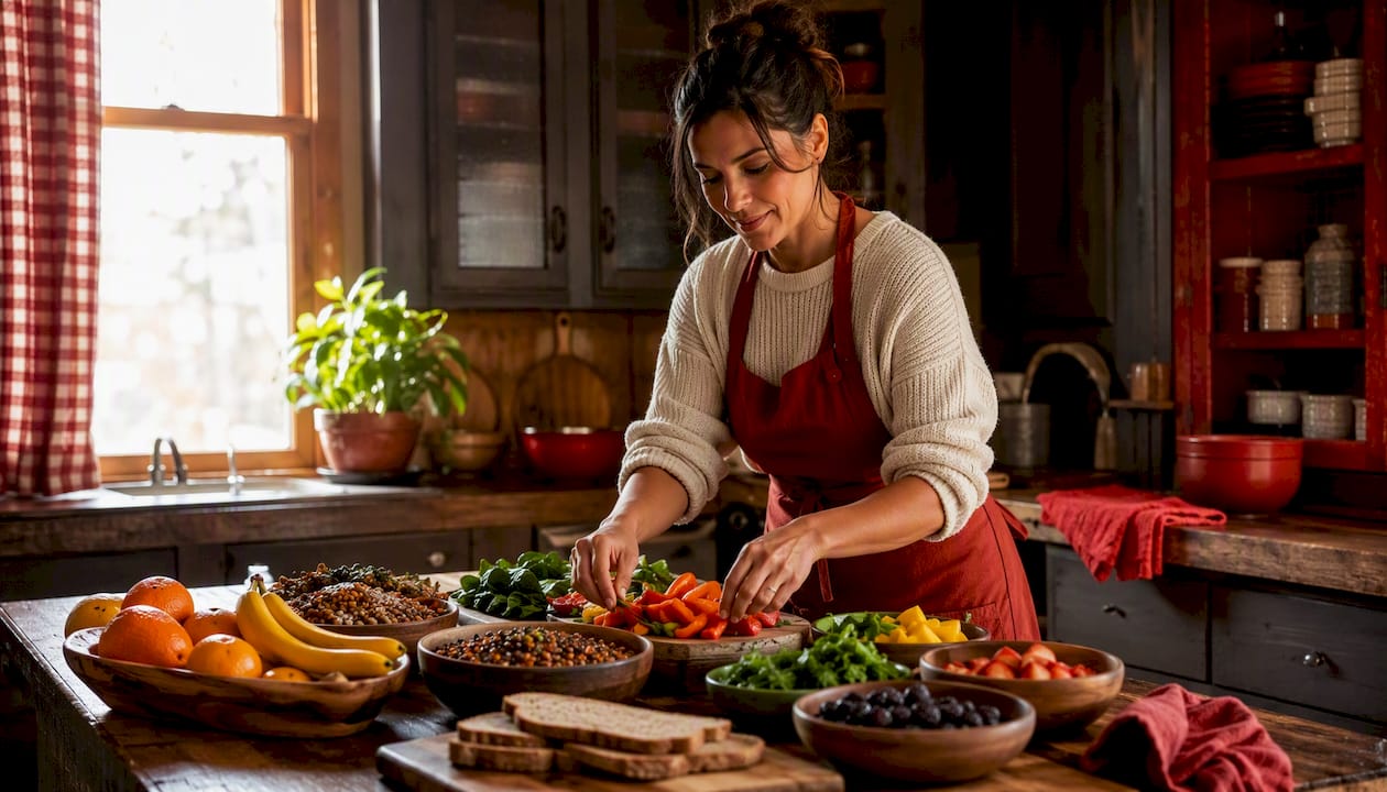 Woman preparing high fiber meals in kitchen