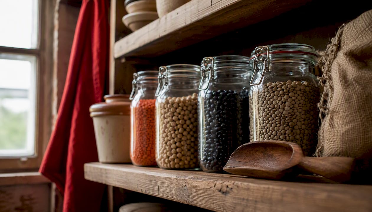 Rustic pantry shelf with dried lentils jars