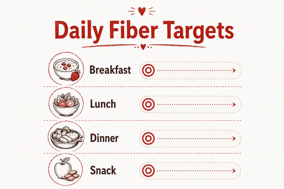 Infographic illustrating daily fiber targets by meal