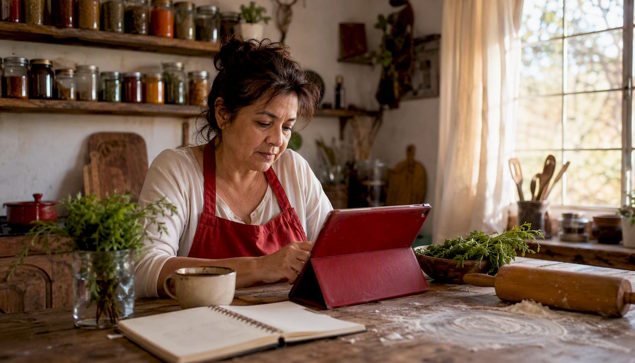 Home cook using tablet recipe app in kitchen