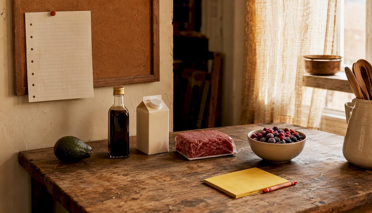 Overhead view of categorized grocery lists with groceries