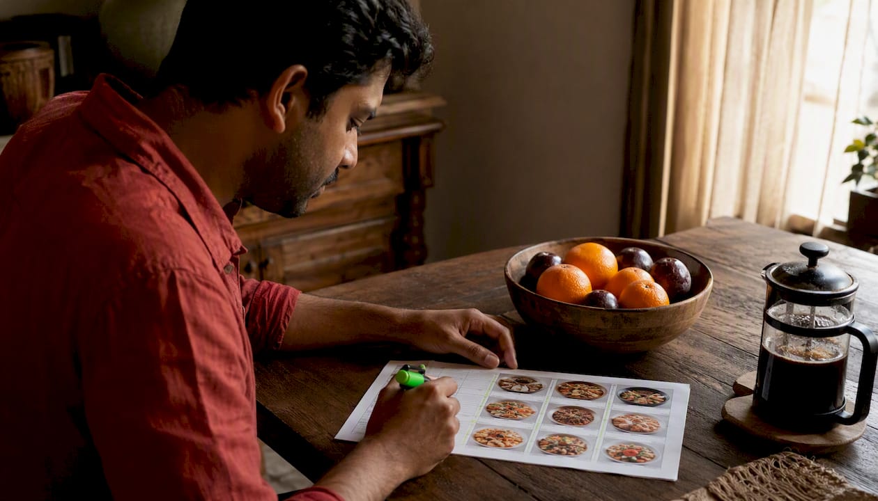 Man highlighting dinner menu at home nook
