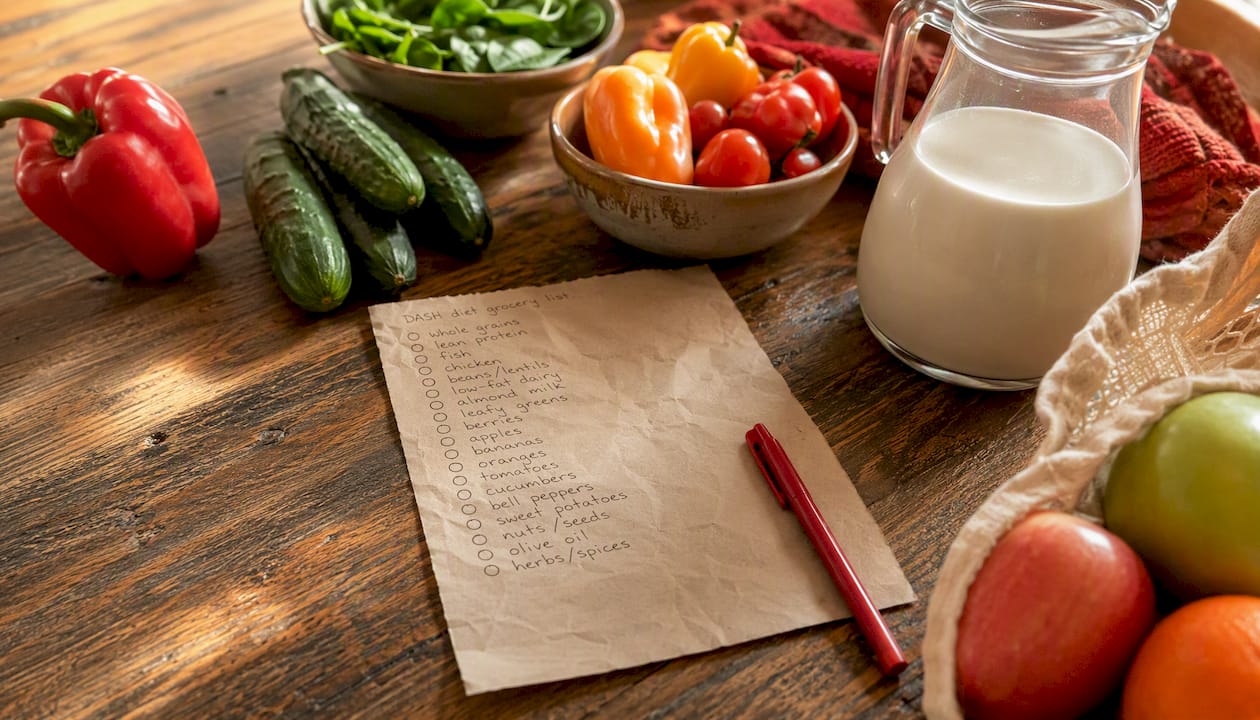 Handwritten DASH diet grocery list with fresh produce