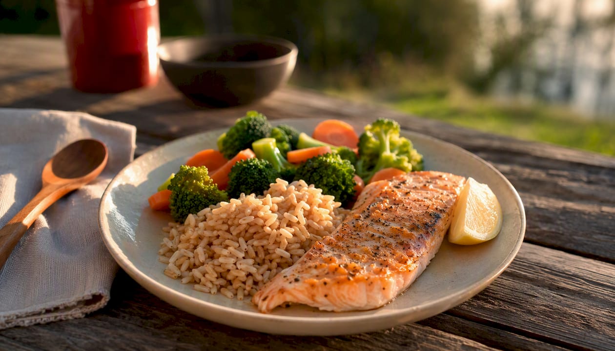 Plated balanced DASH diet meal close-up