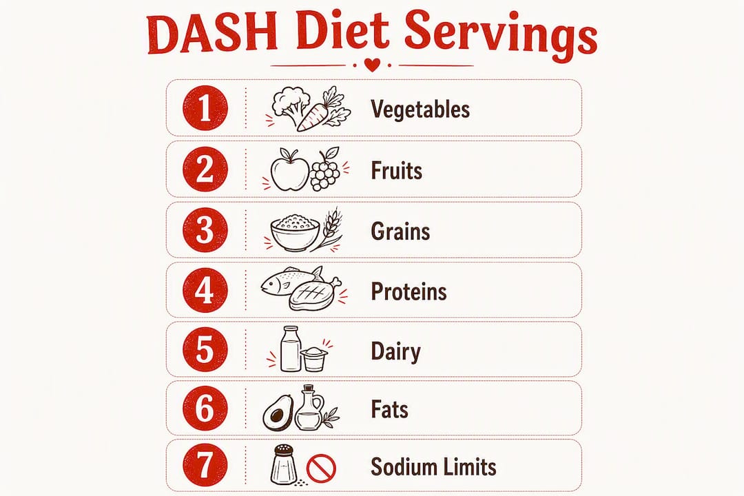 Infographic showing DASH diet daily serving targets