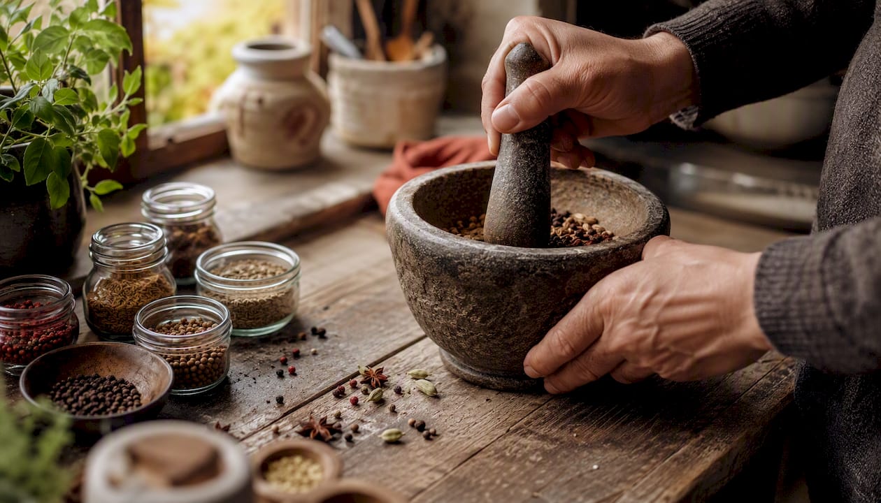 Hands grinding spices with mortar and pestle